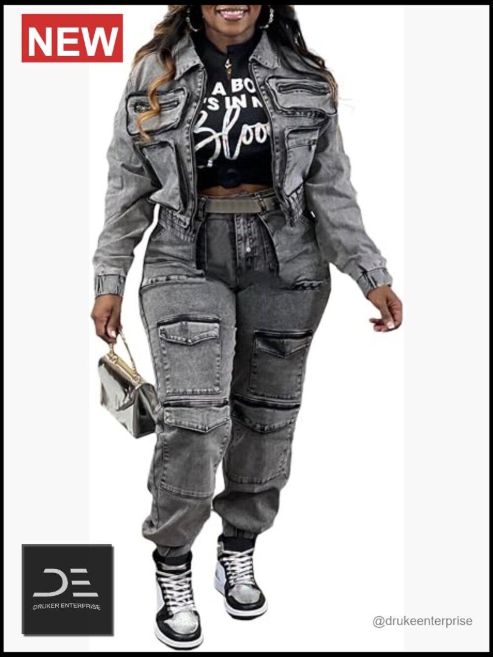 Two Piece Denim Outfits Long Sleeve Zipper Jean Jacket Cargo Pant Matching Sets